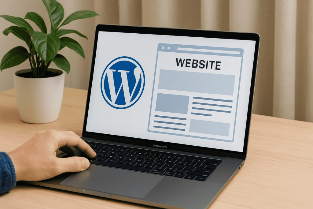 Laptop displaying a WordPress ecommerce website layout on screen, representing online store development and design