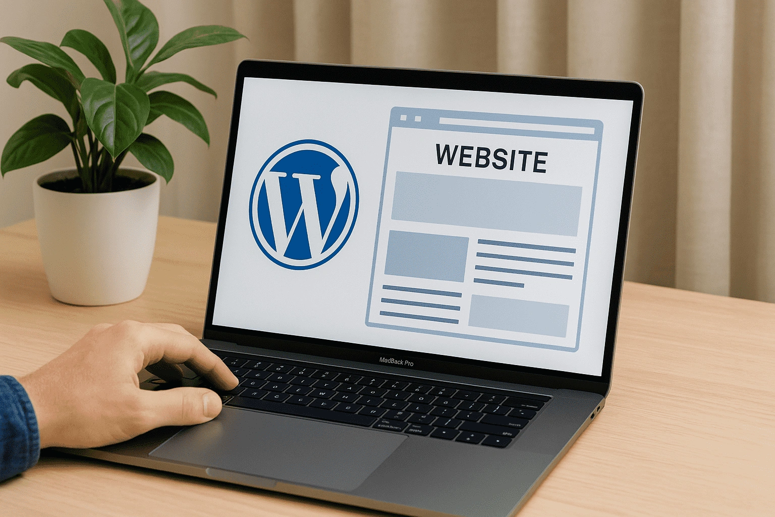 Laptop displaying a WordPress ecommerce website layout on screen, representing online store development and design Laptop displaying a WordPress ecommerce website layout on screen, representing online store development and design