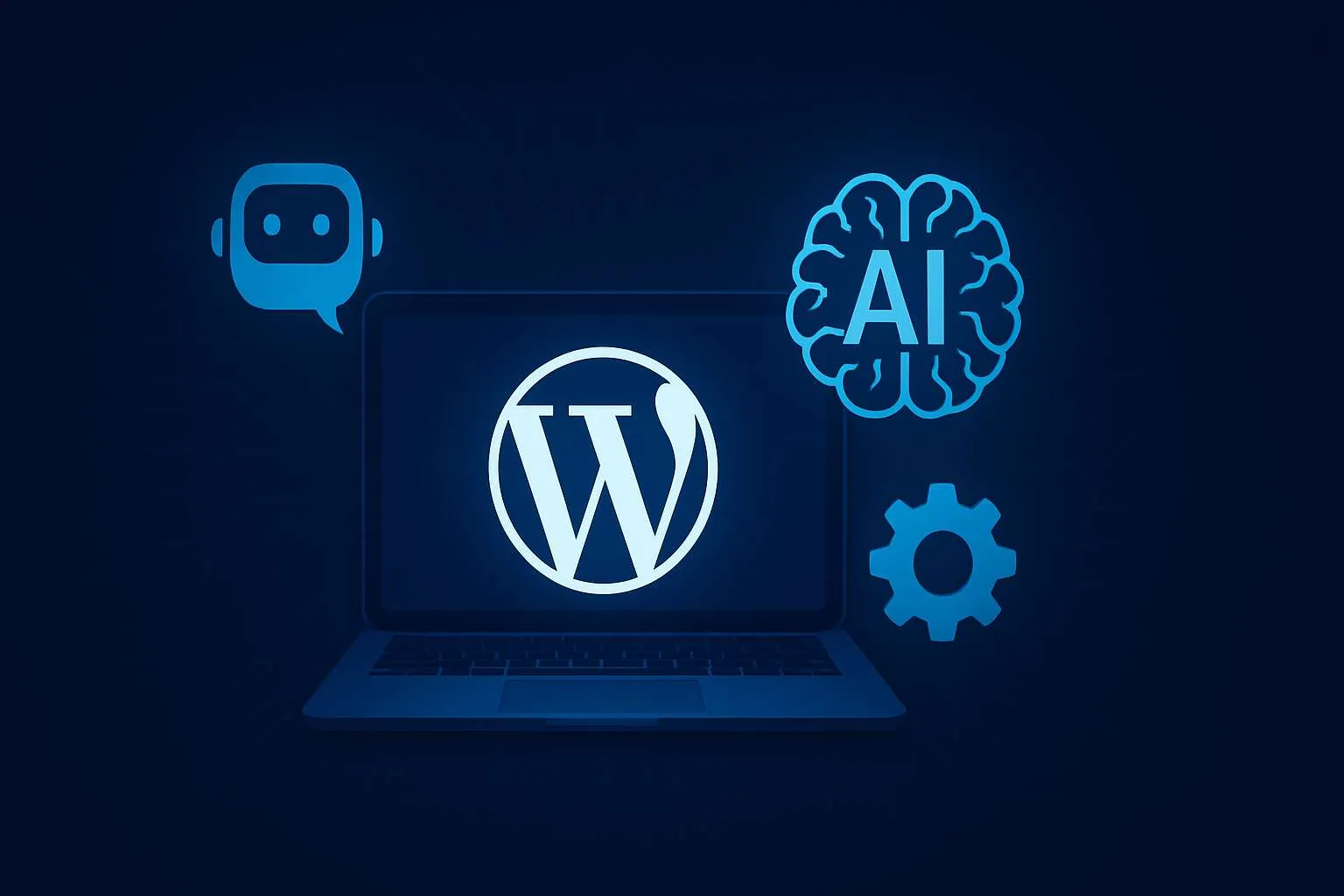 AI and WordPress integration concept showing artificial intelligence, automation, and smart website functionality for businesses AI and WordPress integration concept showing artificial intelligence, automation, and smart website functionality for businesses