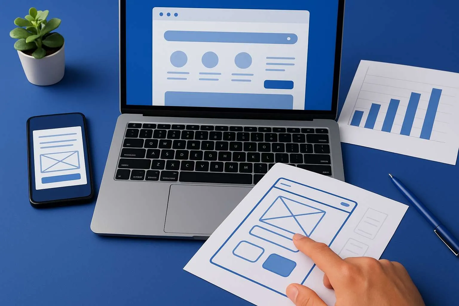 UX design planning with website wireframes, laptop interface, mobile layout, and conversion analytics UX design planning with website wireframes, laptop interface, mobile layout, and conversion analytics