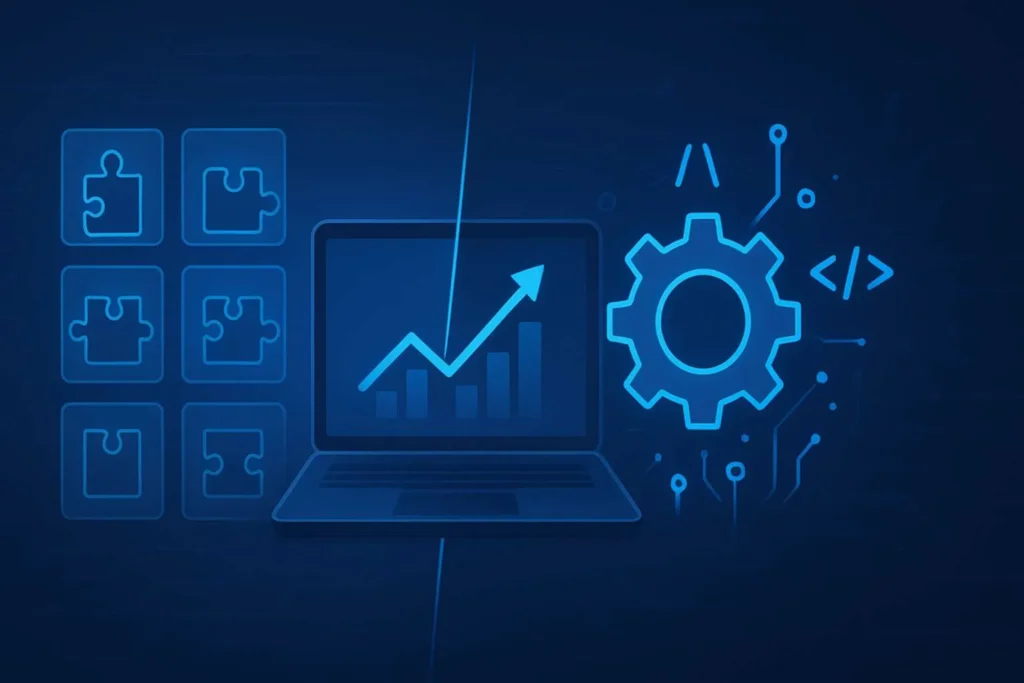 Custom software and plugin development concept showing modular components, website performance growth, and system optimization Custom software and plugin development concept showing modular components, website performance growth, and system optimization