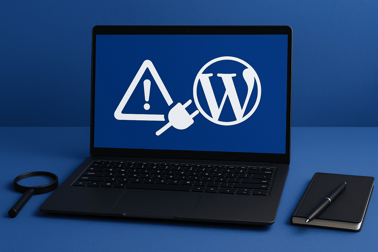Warning symbol and WordPress logo on laptop screen showing risks of using generic WordPress plugins Warning symbol and WordPress logo on laptop screen showing risks of using generic WordPress plugins