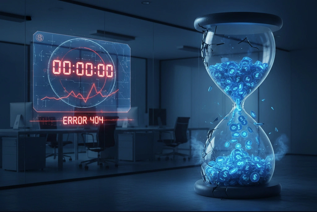 Website downtime impact illustrated by broken hourglass, error 404 screen, and lost revenue symbols Website downtime impact illustrated by broken hourglass, error 404 screen, and lost revenue symbols
