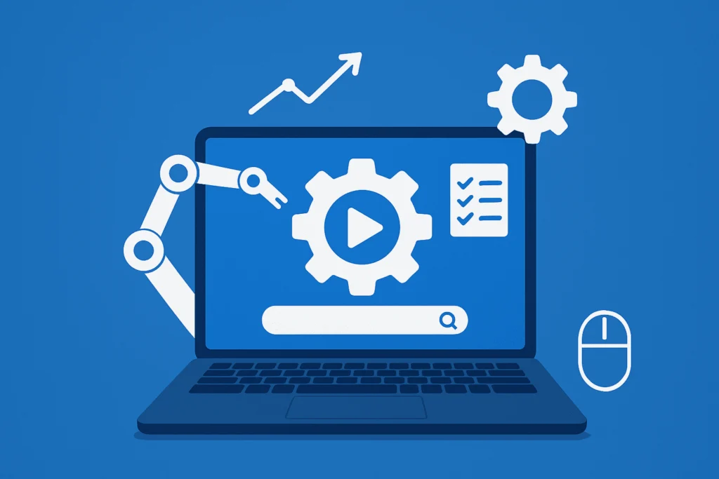 Automation tools managing a website on a laptop with robotic arm, gears and analytics icons. Automation tools managing a website on a laptop with robotic arm, gears and analytics icons.