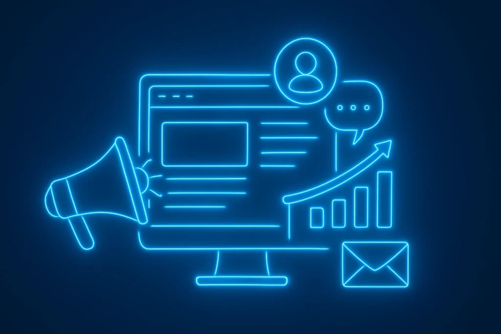 Integrated digital marketing illustration showing website, user engagement, email, analytics, and growth performance Integrated digital marketing illustration showing website, user engagement, email, analytics, and growth performance