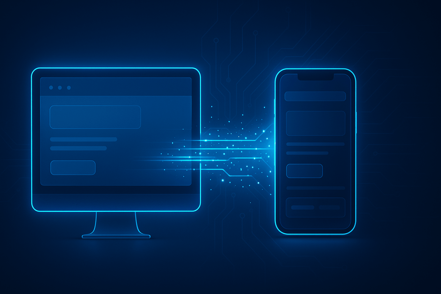 Illustration of Progressive Web App concept showing data transfer between desktop and mobile device