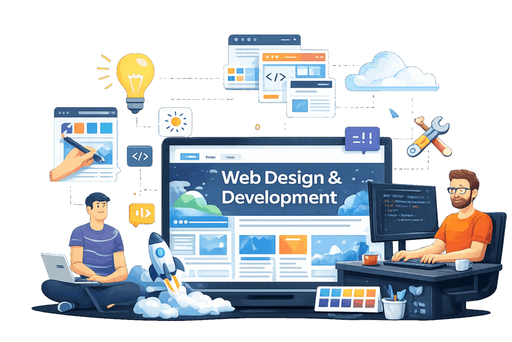 Web design and development process illustrated with designers, coding, and website layouts