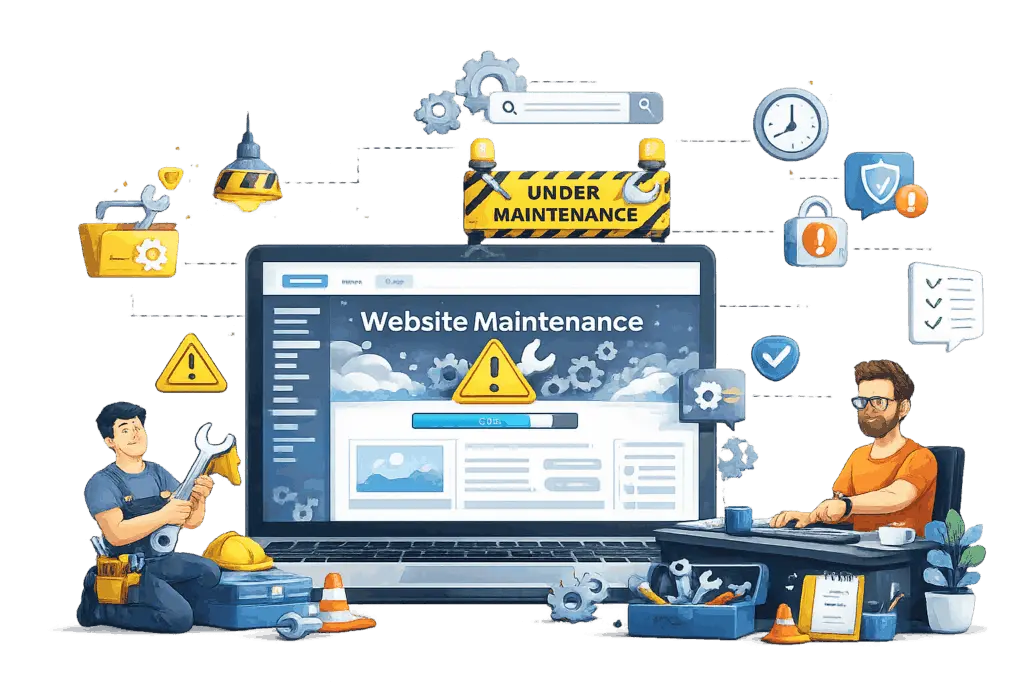 Website maintenance process with security checks, updates, backups, and performance monitoring