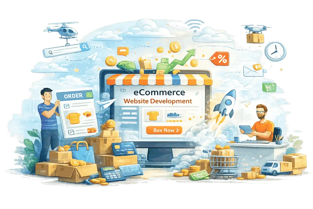Illustration of ecommerce website development showing online orders, payments, product delivery, and business growth