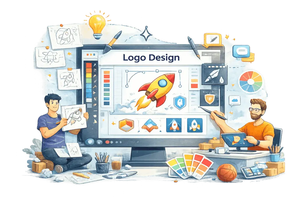 Logo design process illustration showing creative concepts, color palettes, and brand identity development