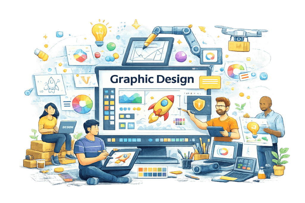 Graphic design team collaborating on branding, illustrations, and visual concepts using digital tools