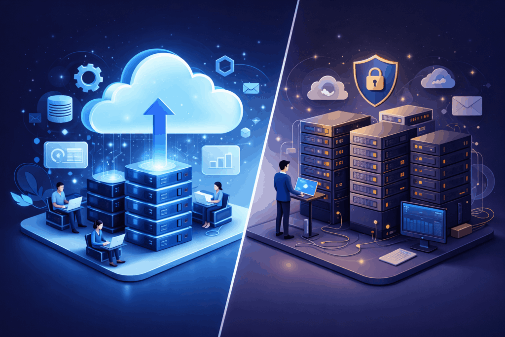 Illustration comparing cloud hosting and traditional on-premise server infrastructure for businesses Illustration comparing cloud hosting and traditional on-premise server infrastructure for businesses