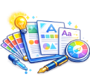 Creative logo design exploration icon showing concepts, typography, and color ideas