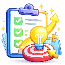 Conversion optimization icon showing checklist, growth indicators, and idea bulb