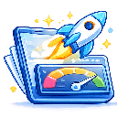 Performance optimization icon with speed gauge, rocket launch, and system dashboard