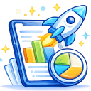 Confident ecommerce launch icon showing rocket, analytics chart, and performance insights