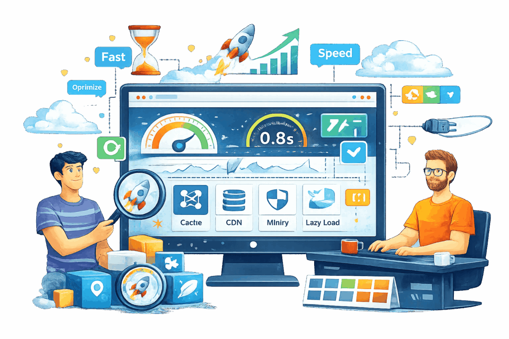 Illustration of WordPress website speed optimization showing caching, CDN, minification, lazy loading, and improved page load performance