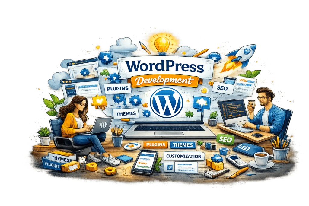 Illustration of WordPress development services showing custom themes, plugin development, SEO optimization, and website customization around the WordPress logo.